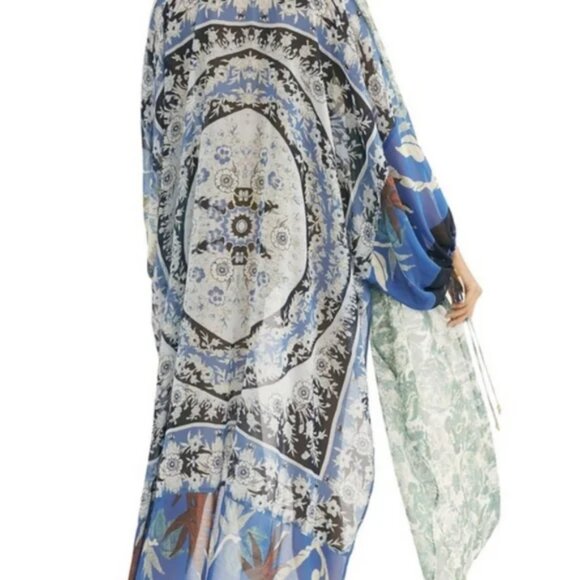 Free People Kimono Keeping Up With Indigo Mixed Print Sheer Lightweight One Size - Picture 3 of 8